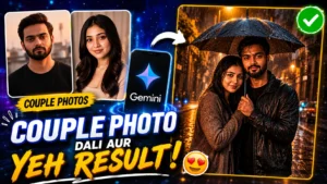 Couple Sharing Umbrella in Rain AI Photo Prompt for Gemini