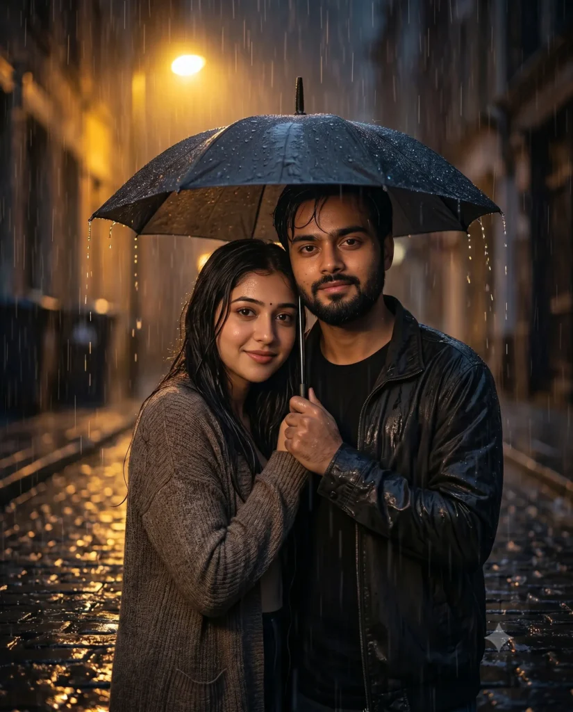 Couple Sharing Umbrella in Rain AI Photo Prompt