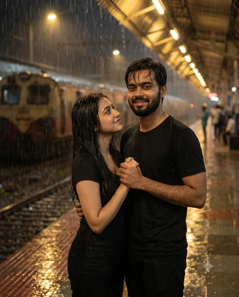 Couple on Railway Platform in Rain AI Photo Prompt