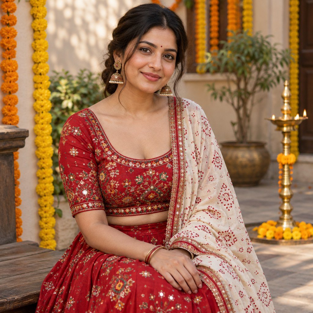 Red Chaniya Choli Photo Prompt for a Seated Navratri Portrait